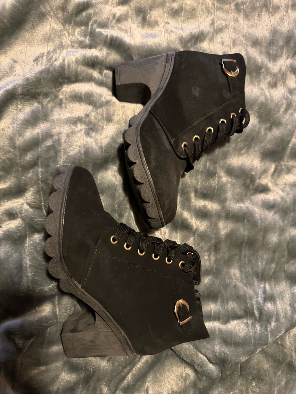 Black Lace-Up Chunky Heel Ankle Boots for Women